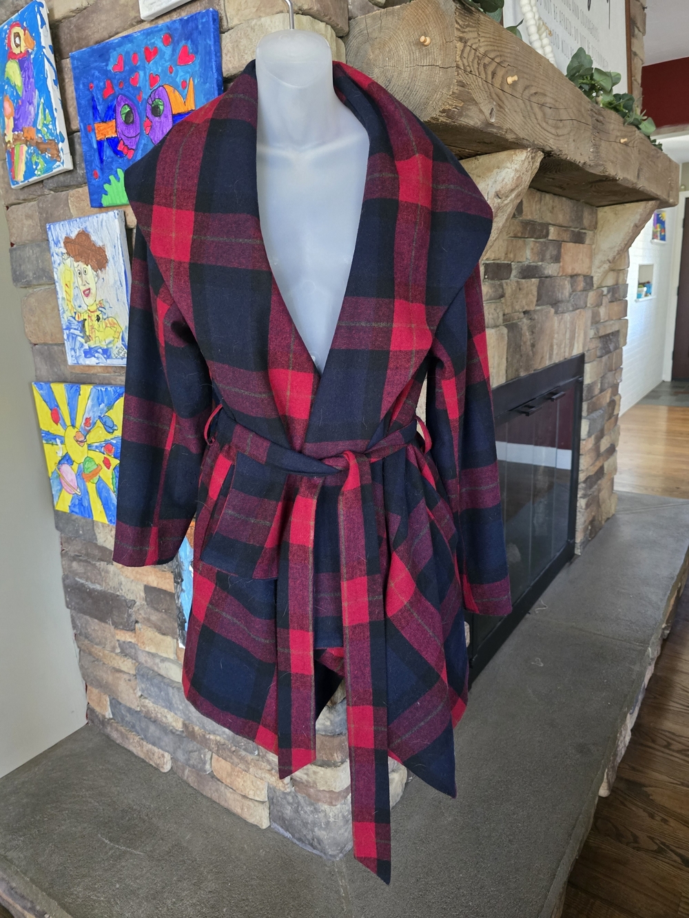 Matty M Red and Black Plaid Belted Wrap Coat Medium